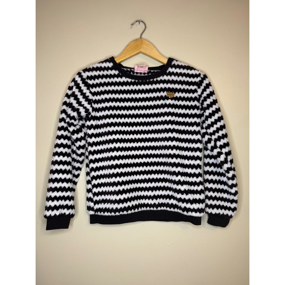 Juicy Couture Fuzzy Stripe Sweater Black White Logo Crewneck 8/10‎